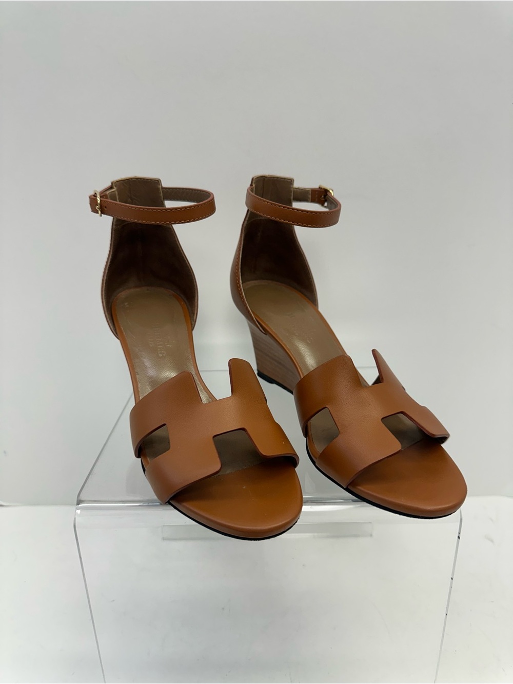 Hermes Leather Ankle-Strap Wedge Sandals